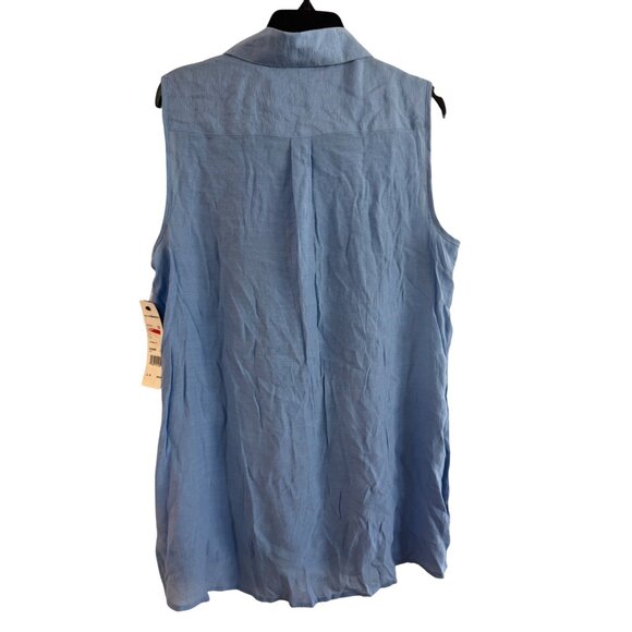NY Collection Womens Medium Cotton Sleeveless Button-Up Lace Panel Shirt Blue Co - Picture 2 of 6